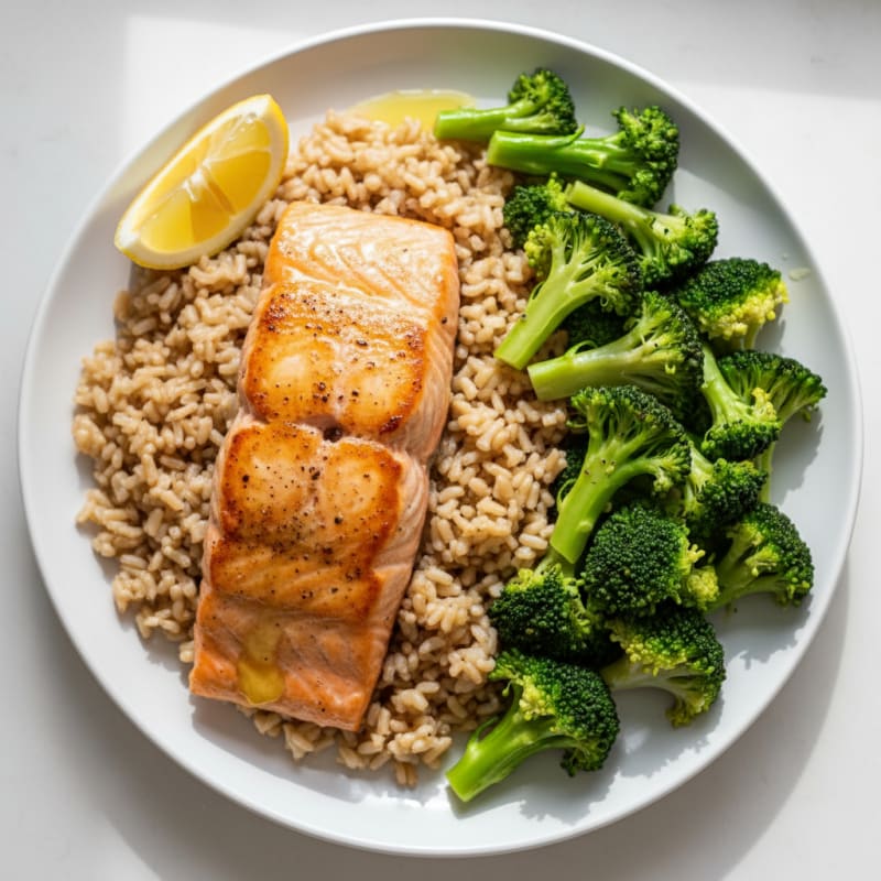 Pan-Seared Salmon with Steamed Broccoli and Brown Rice