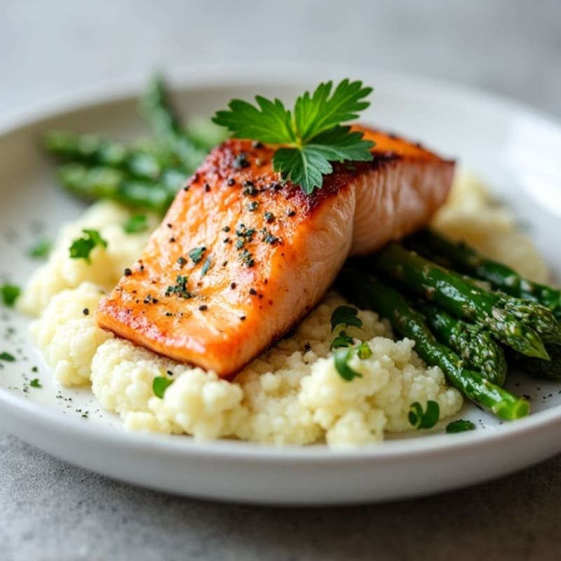 Seared Salmon with Steamed Asparagus and Herbed Cauliflower Mash