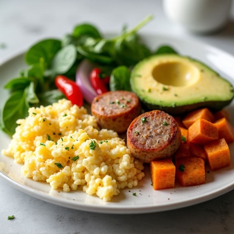 Egg White and Turkey Sausage Scramble with Roasted Sweet Potatoes