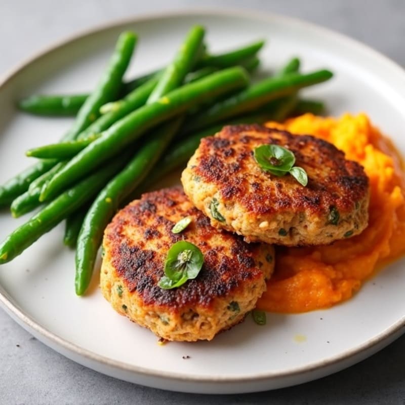 Seared Turkey Patties with Steamed Green Beans and Sweet Potato Mash