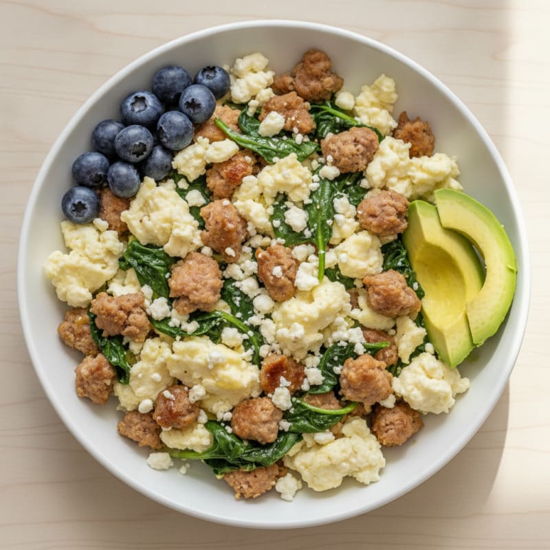 Egg White and Turkey Sausage Scramble with Spinach and Feta