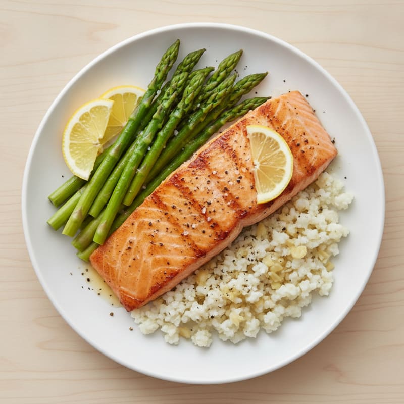 Seared Salmon Fillet with Steamed Asparagus and Cauliflower Rice