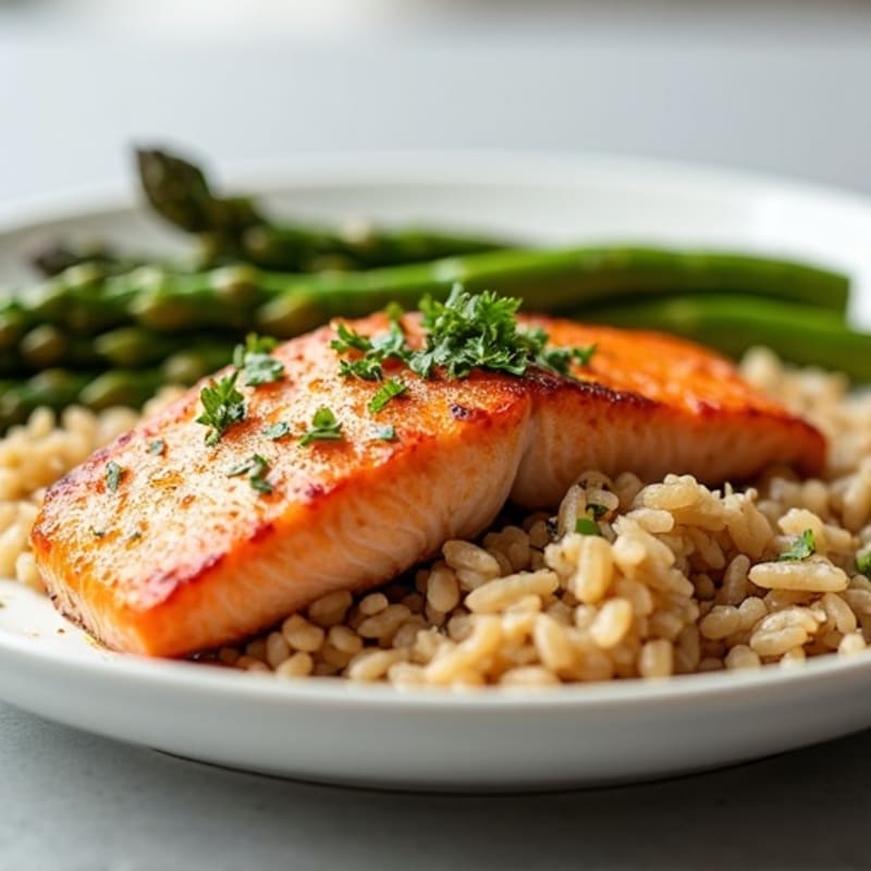 Seared Salmon with Steamed Asparagus and Brown Rice