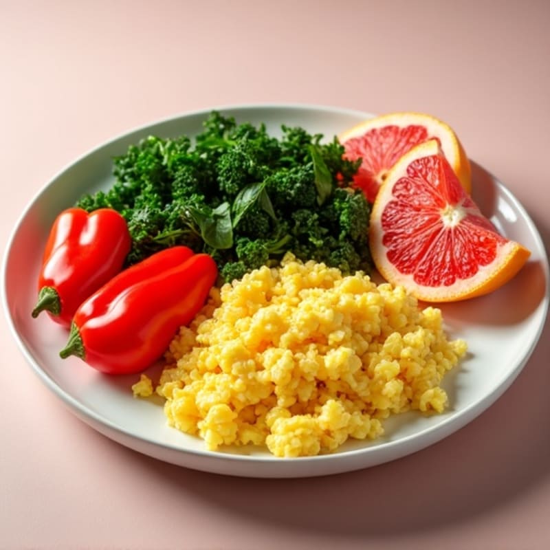 Scrambled Eggs with Bell Peppers, Crispy Sautéed Kale, and Fresh Grapefruit