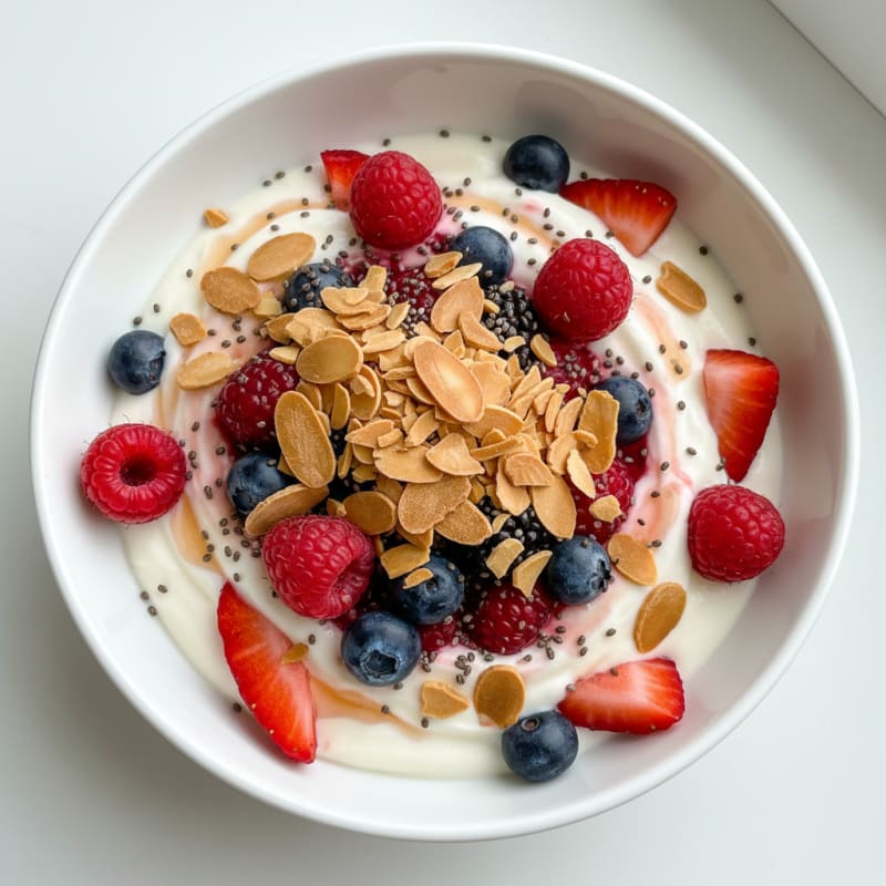 Greek Yogurt Protein Parfait with Mixed Berries and Almonds