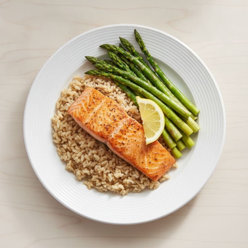 Seared Salmon with Steamed Asparagus and Brown Rice