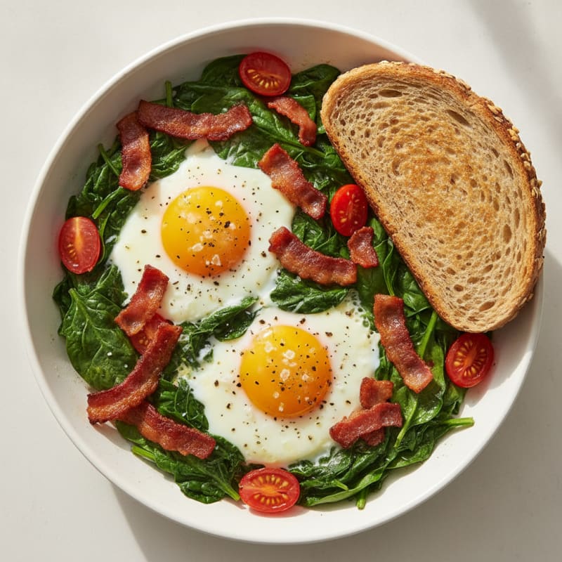 Baked Eggs with Crispy Turkey Bacon and Spinach