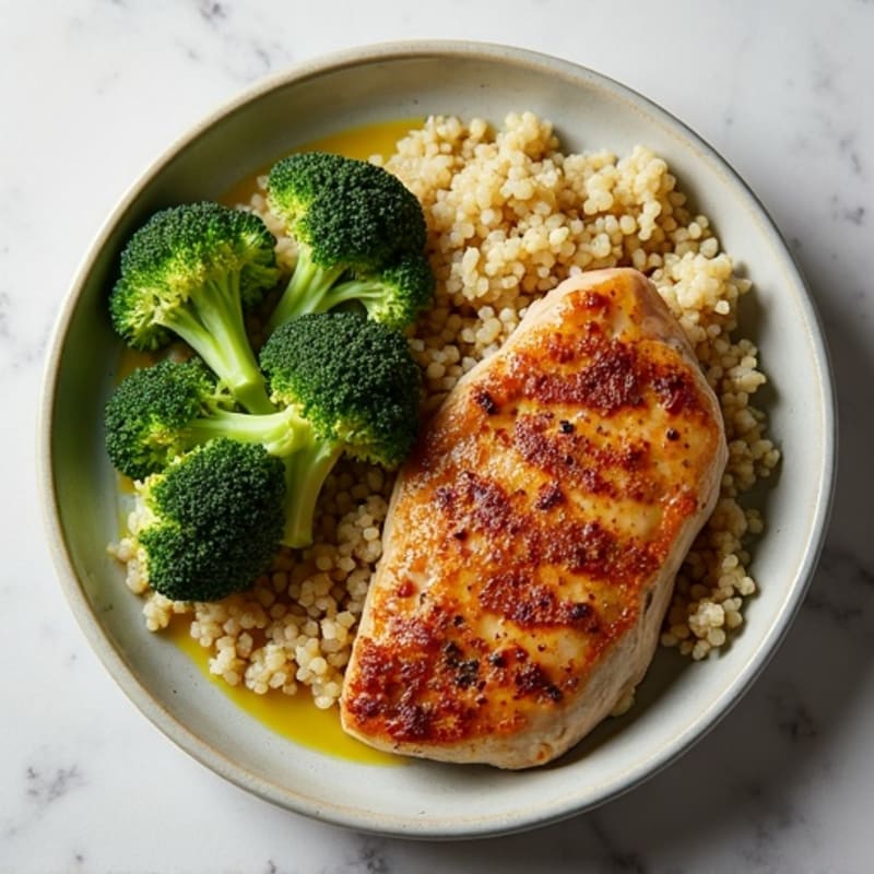 Seared Chicken Thighs with Roasted Broccoli and Quinoa