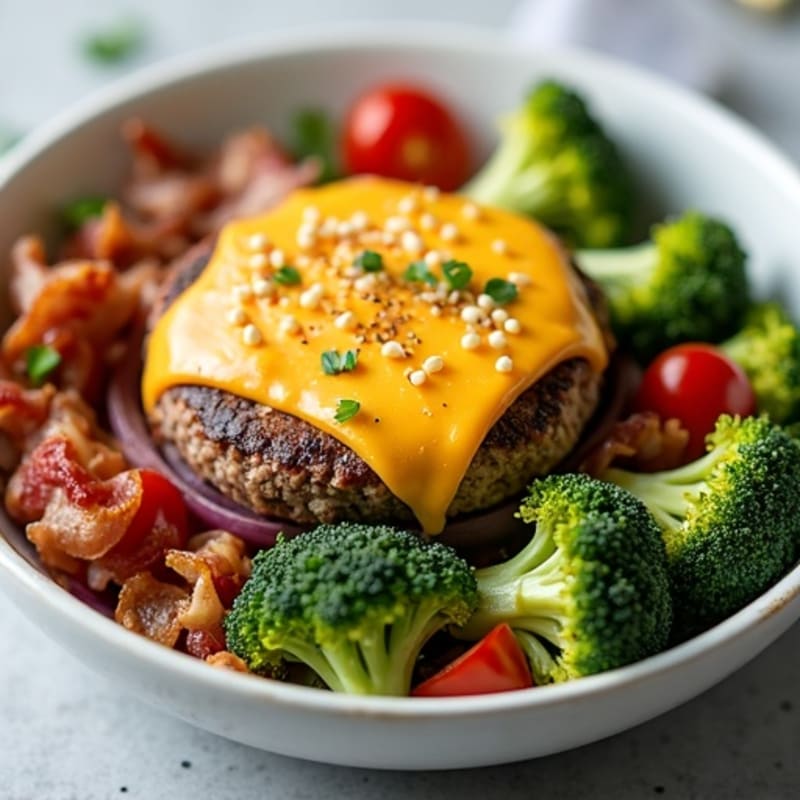 Lean Cheeseburger Bowl with Crispy Turkey Bacon and Roasted Broccoli