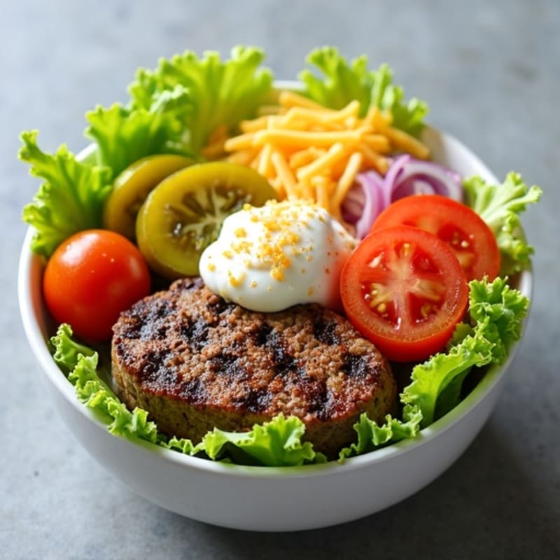 Grilled Cheeseburger Salad Bowl with Lean Beef and Pickles