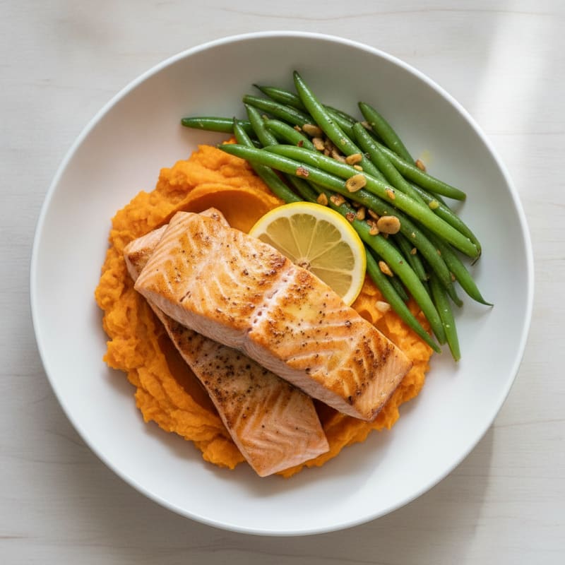 Seared Salmon with Garlic Green Beans and Sweet Potato Mash