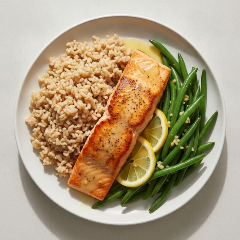 Seared Salmon with Garlic Green Beans and Brown Rice