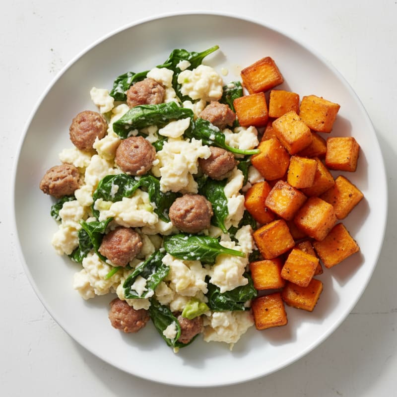 Egg White and Turkey Sausage Scramble with Spinach and Roasted Sweet Potato