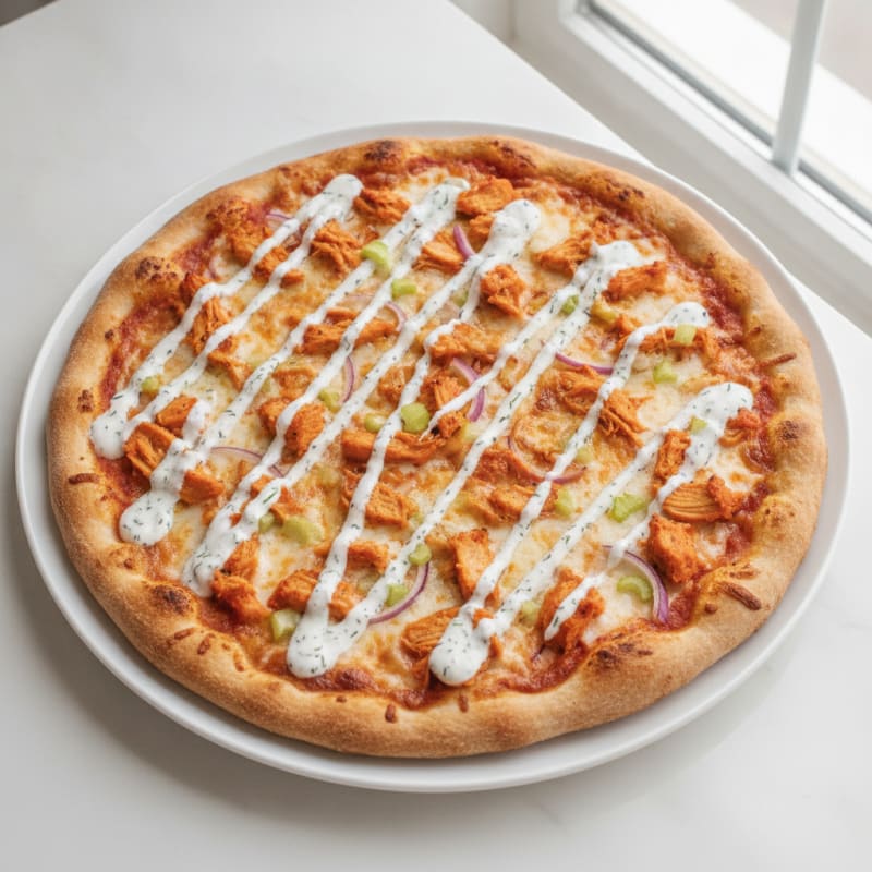 Buffalo Chicken Pizza with Ranch Drizzle