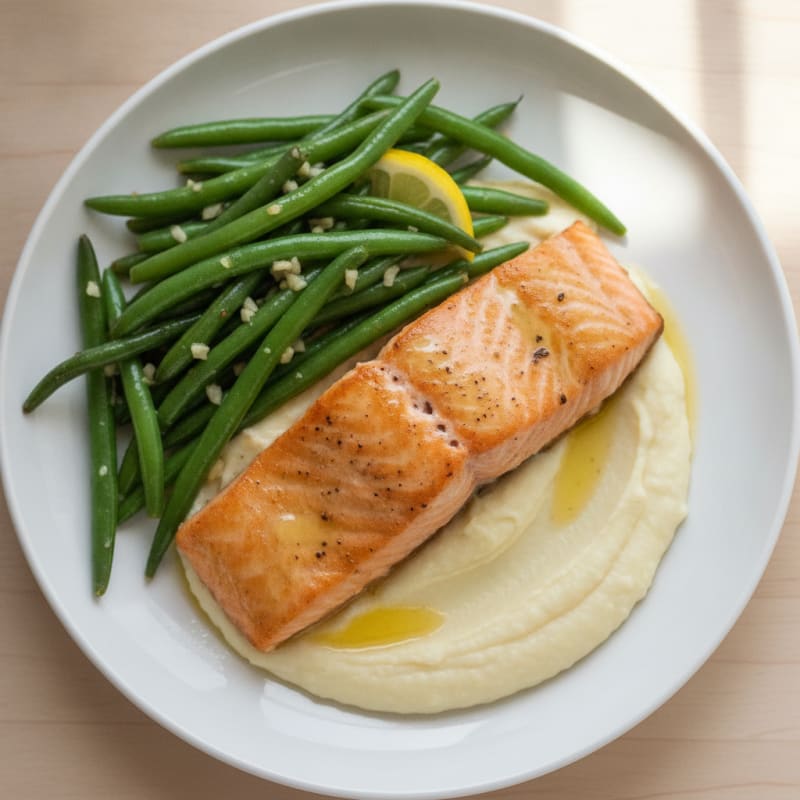 Seared Salmon Fillet with Garlic Green Beans and Cauliflower Mash