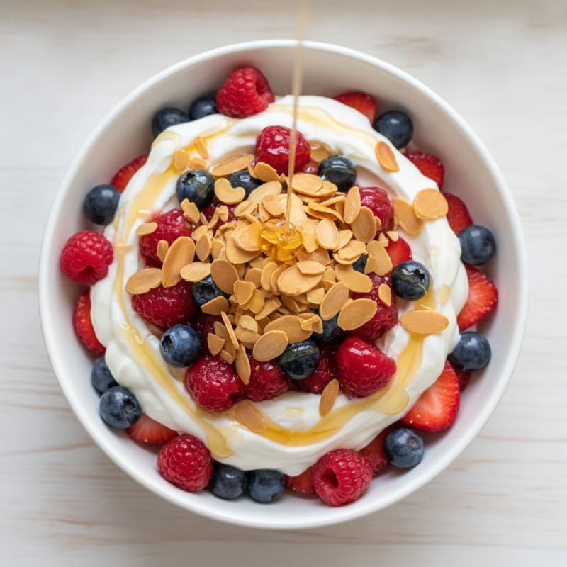 Greek Yogurt Protein Parfait with Mixed Berries and Almonds