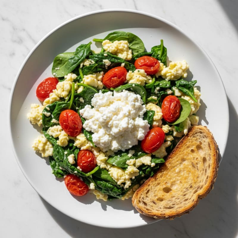 Egg White Spinach Scramble with Cottage Cheese and Cherry Tomatoes