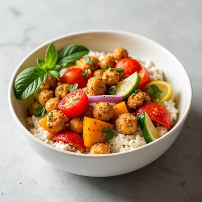 Creamy Cottage Cheese Bowl with Roasted Vegetables and Crispy Chickpeas