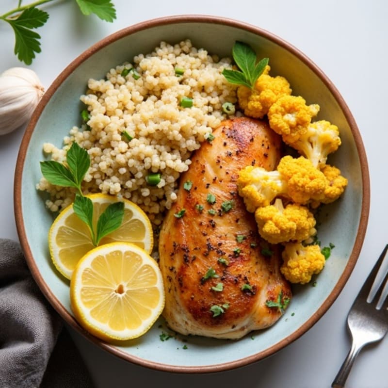 Lemon-Herb Roasted Chicken and Crispy Cauliflower Bowl
