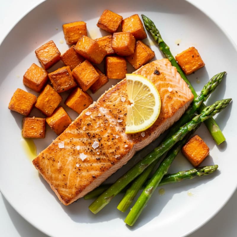 Seared Salmon Filet with Roasted Sweet Potatoes and Asparagus