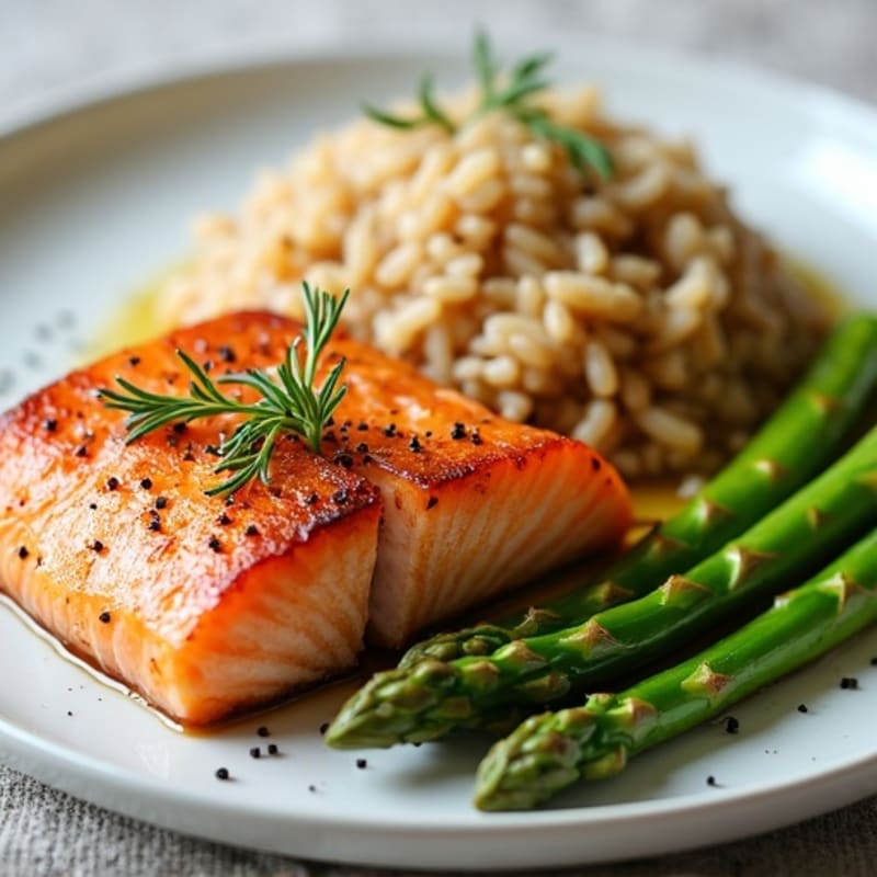Seared Salmon with Steamed Asparagus and Brown Rice