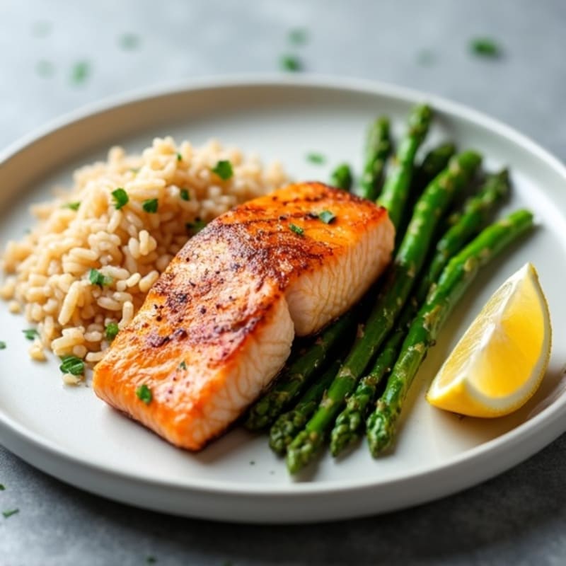 Seared Salmon with Steamed Asparagus and Brown Rice