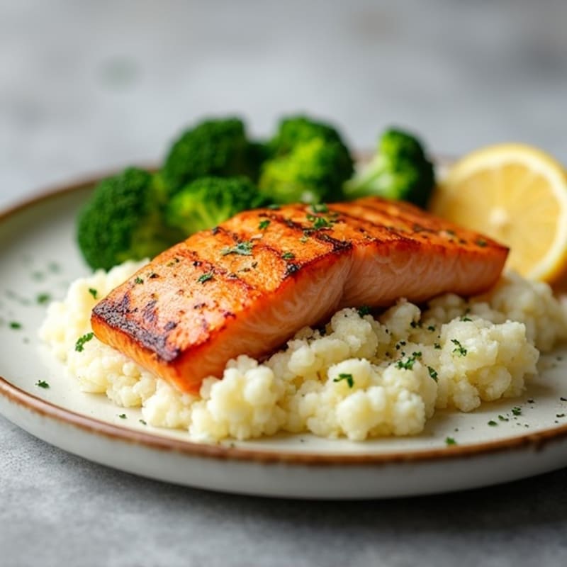 Seared Salmon with Steamed Broccoli and Cauliflower Mash