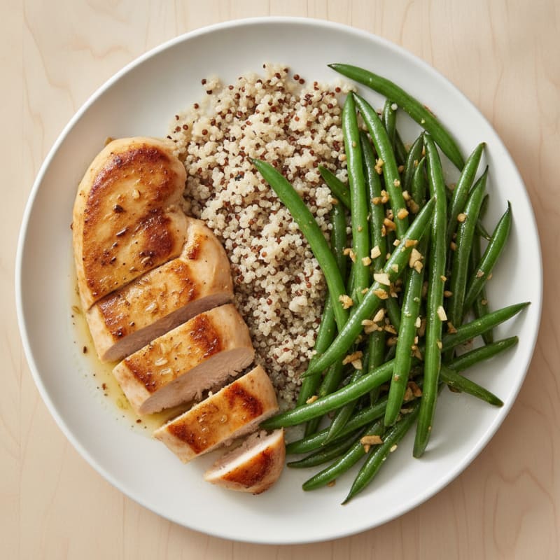 Seared Chicken Breast with Garlic Green Beans and Quinoa