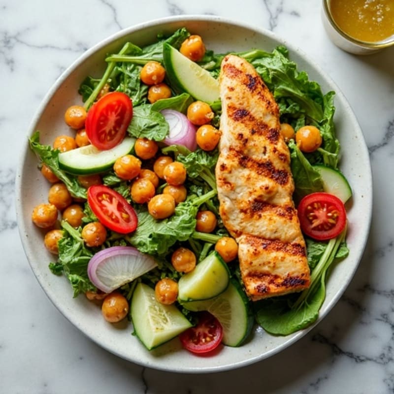 Grilled Chicken and Crispy Chickpea Salad with Fresh Vegetables and Lemon-Herb Dressing