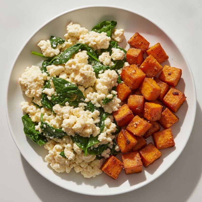 Cottage Cheese Scramble with Spinach and Roasted Sweet Potato