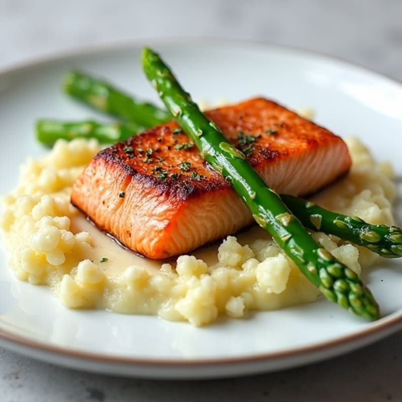 Seared Salmon with Steamed Asparagus and Garlic Mashed Cauliflower