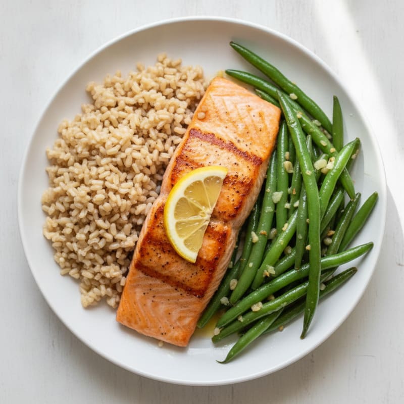 Seared Salmon with Garlic Green Beans and Brown Rice
