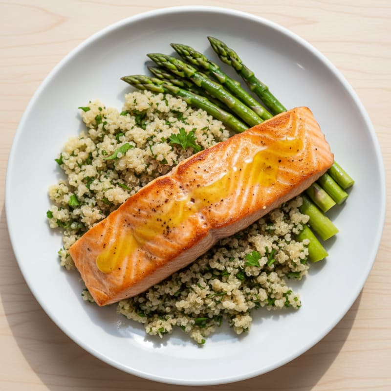 Seared Salmon Fillet with Steamed Asparagus and Herb Quinoa