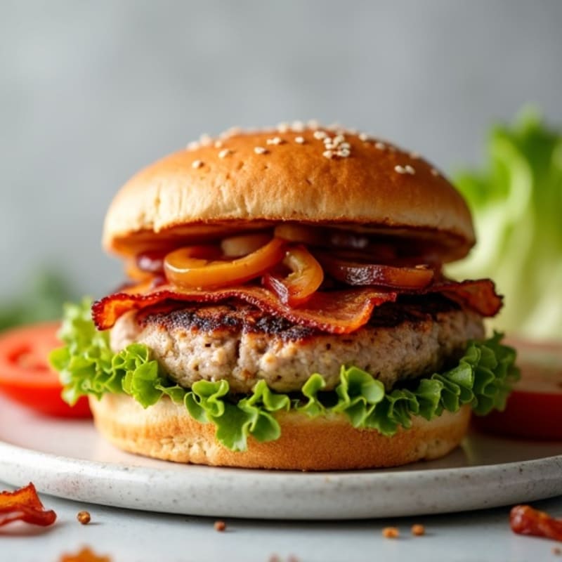 Lean Turkey Bacon Burger with Caramelized Onions