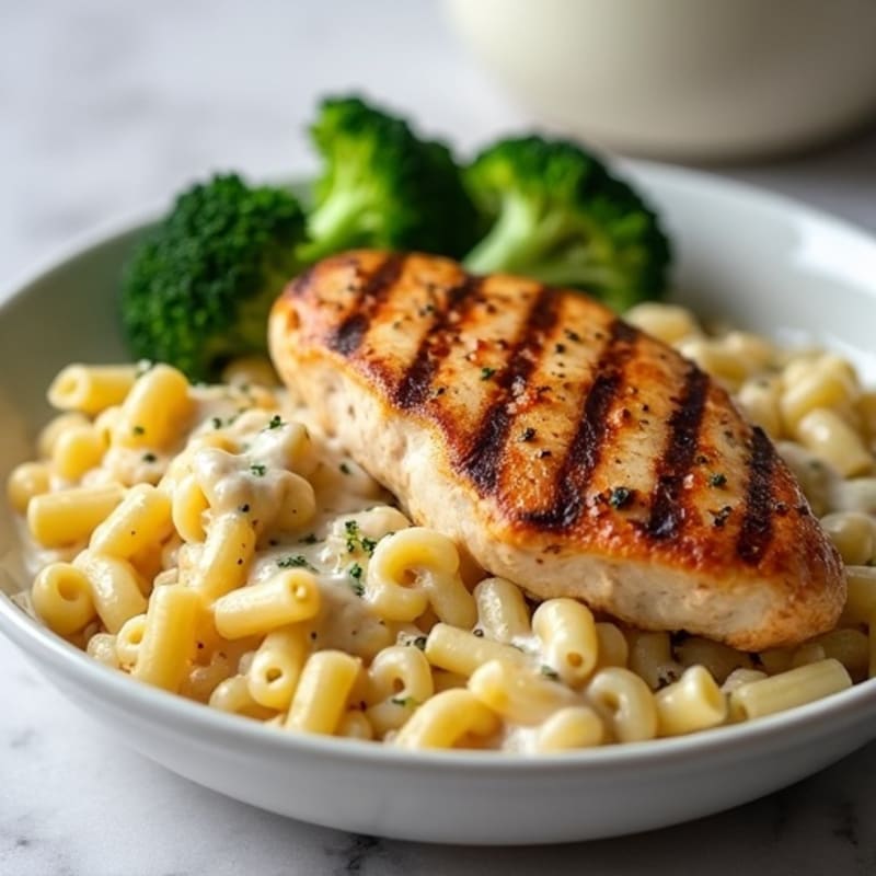 Creamy High-Protein Chicken Macaroni with Roasted Broccoli