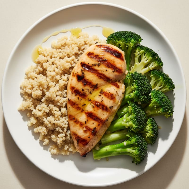 Grilled Chicken Breast with Steamed Broccoli and Quinoa
