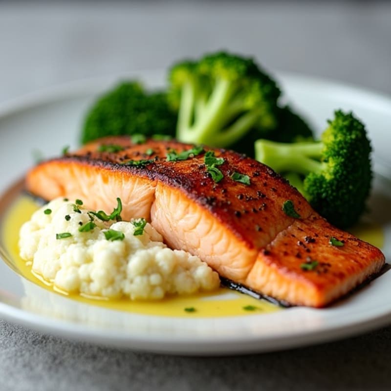 Seared Salmon Fillet with Roasted Broccoli and Garlic Mashed Cauliflower