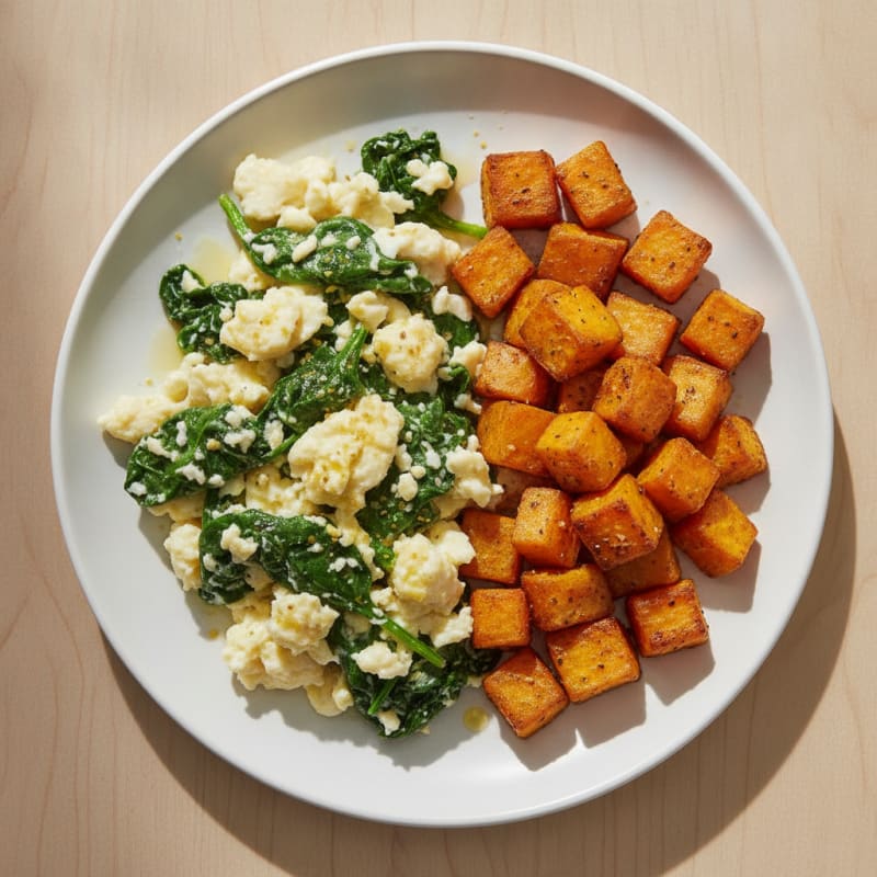 Egg White and Spinach Scramble with Roasted Sweet Potato