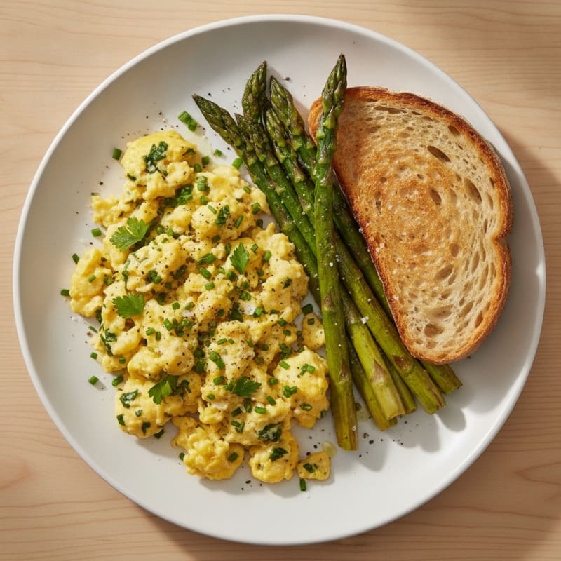 Scrambled Eggs with Roasted Asparagus and Herbs