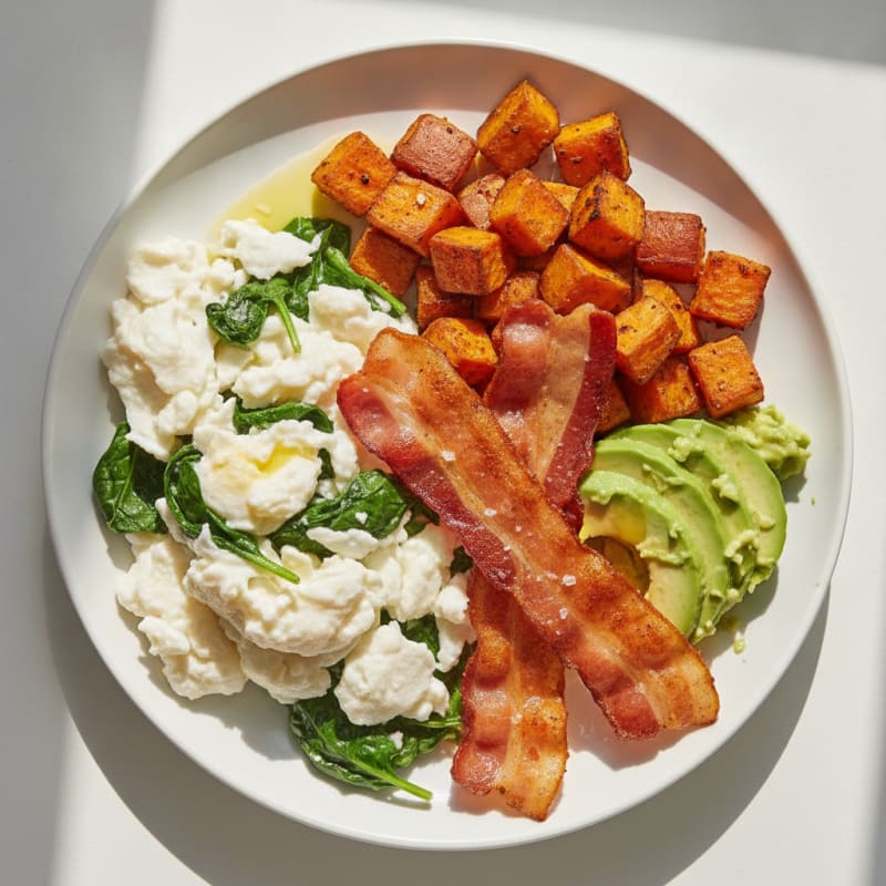 Crispy Turkey Bacon and Egg White Scramble with Sautéed Spinach