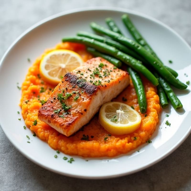 Seared Salmon with Garlic Green Beans and Sweet Potato Mash