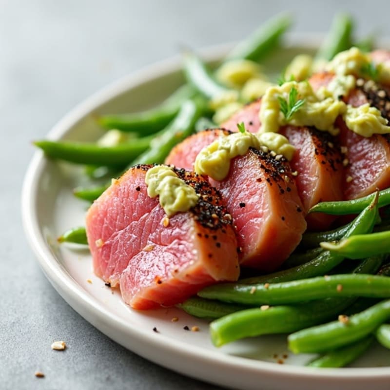 Seared Ahi Tuna with Creamy Wasabi Mayo and Crispy Green Beans