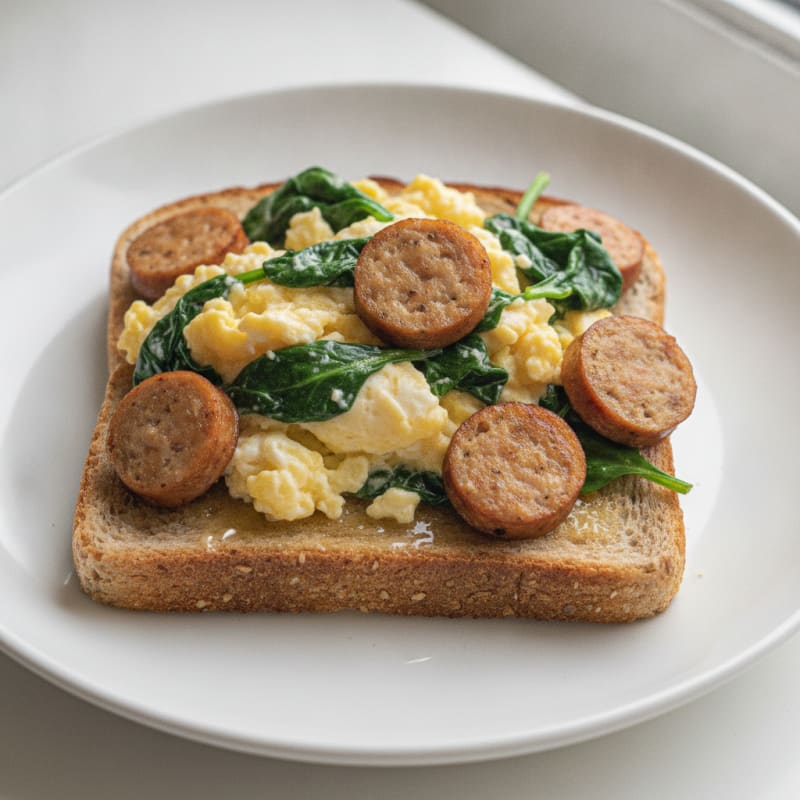 Scrambled Eggs with Sautéed Spinach and Chicken Sausage on Whole Wheat Toast