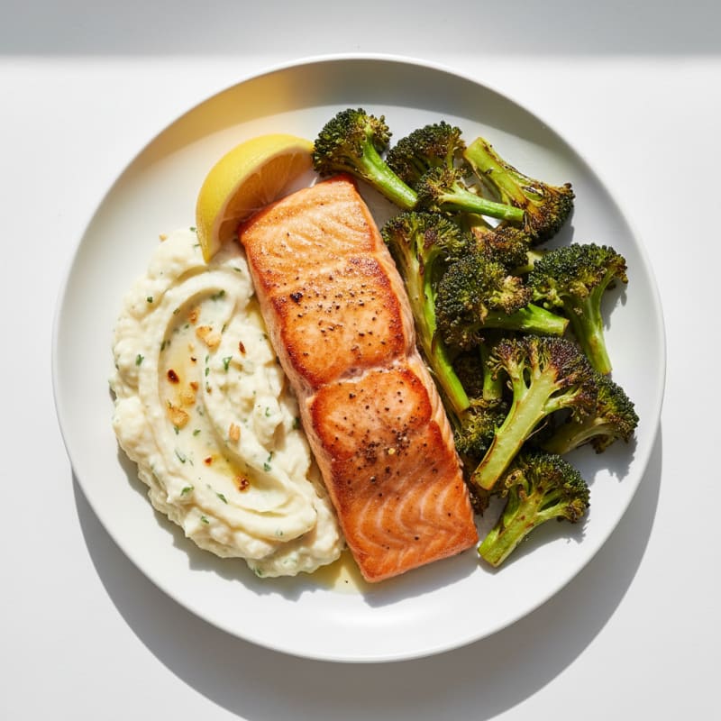 Seared Salmon with Roasted Broccoli and Garlic Mashed Cauliflower