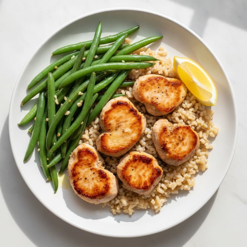 Seared Turkey Breast with Garlic Green Beans and Brown Rice