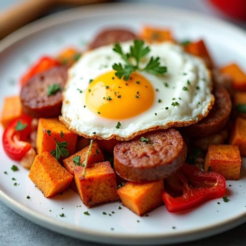 Crispy Sweet Potato Hash with Eggs and Lean Turkey Sausage