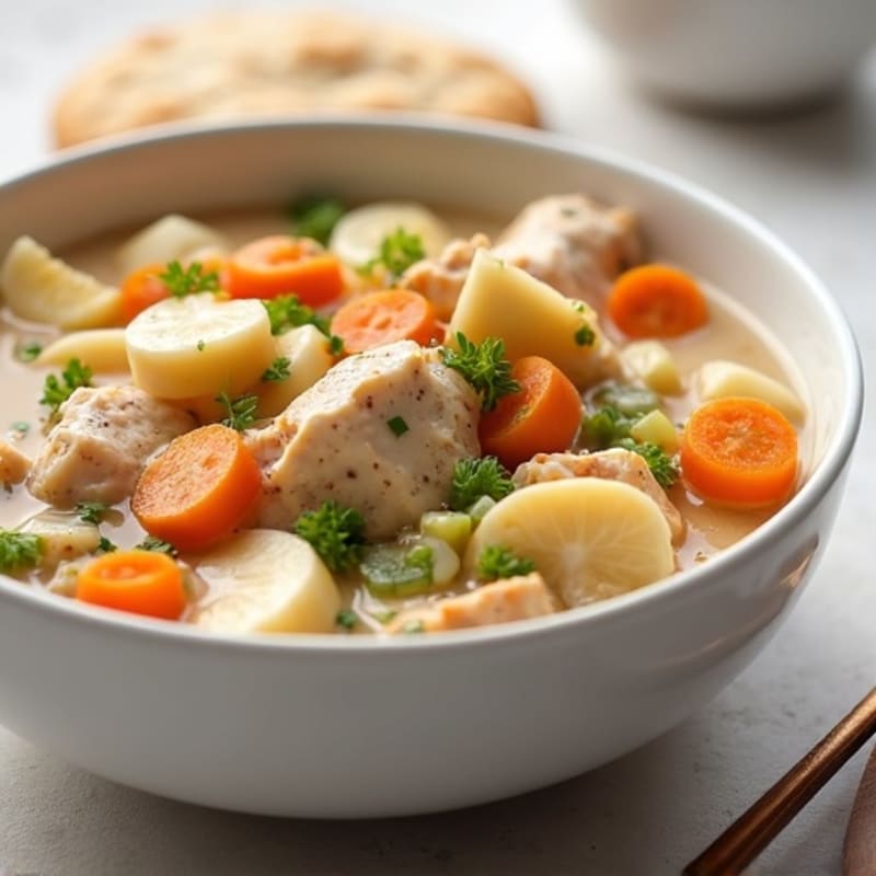 Creamy Chicken and Vegetable Stew with Fluffy Whole Wheat Drop Biscuits