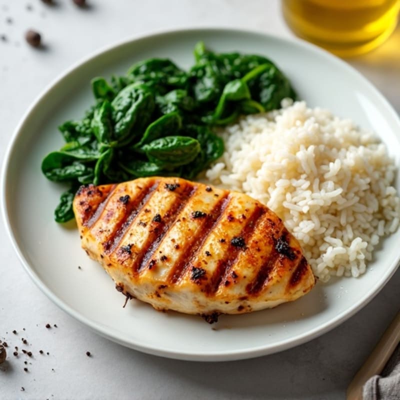 Grilled Chicken Breast with Steamed Rice and Sautéed Spinach