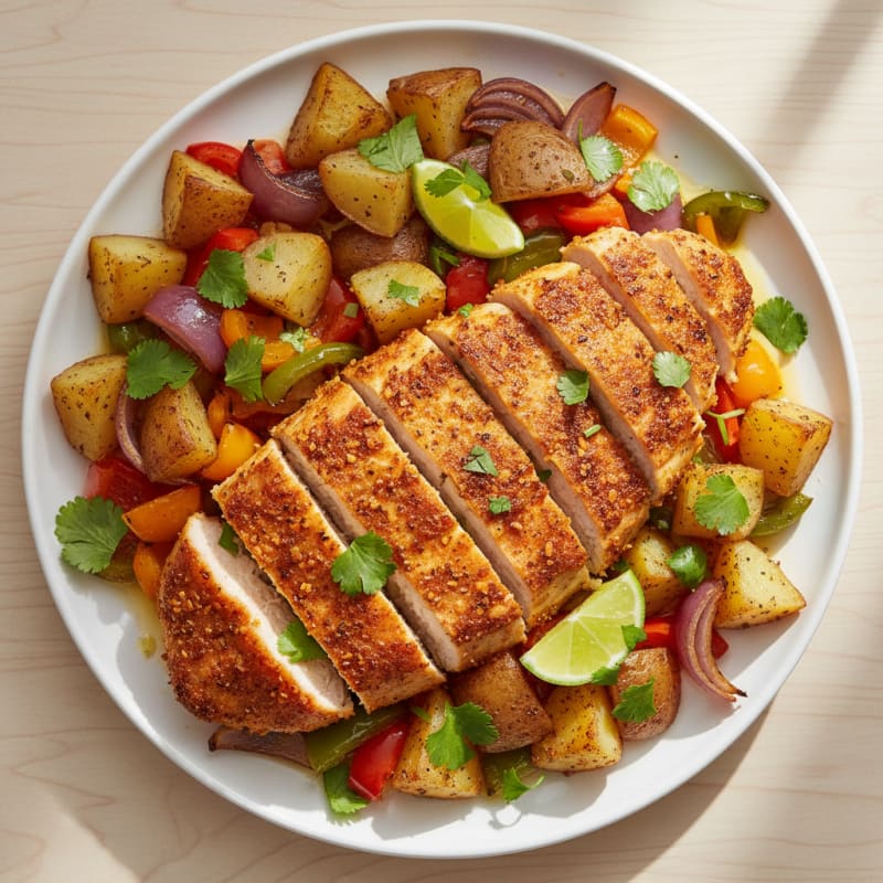 Pan-Fried Chicken with Roasted Potatoes and Peppers