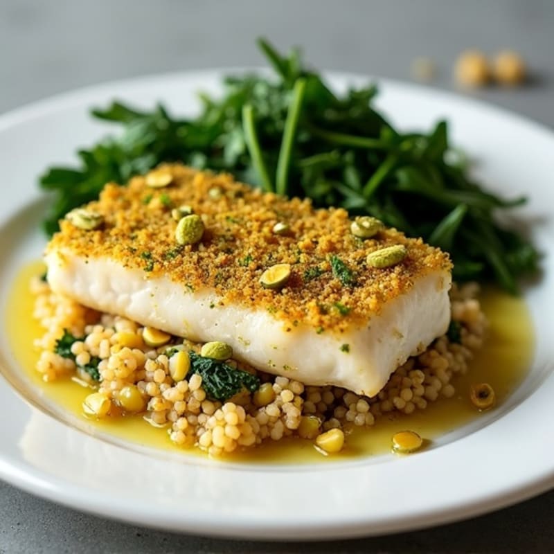Flaky Pistachio-Crusted Cod with Lemon Herb Quinoa and Sautéed Greens